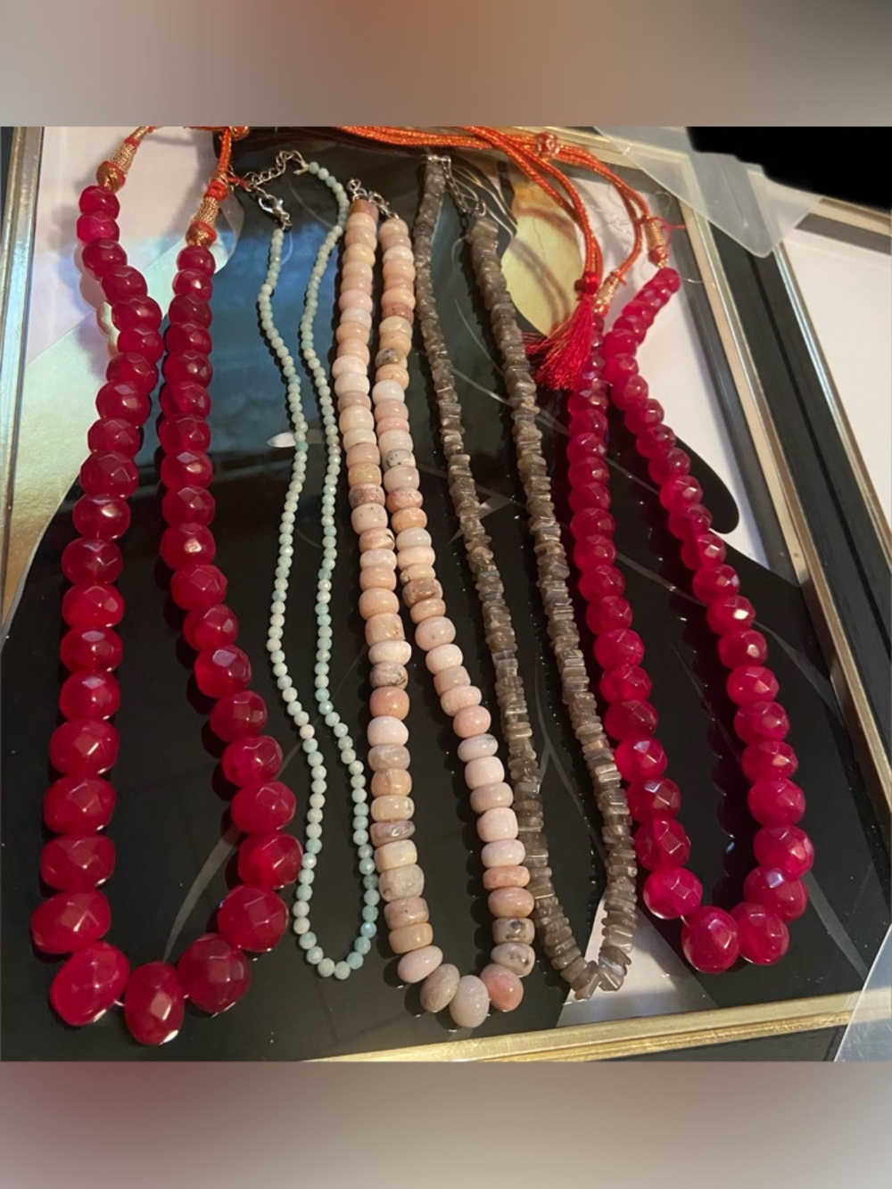 2Faceted Red Ruby Beaded,1 Amazonite, 1Gray Moonstone& 1 PinkOpal Necklaces #27